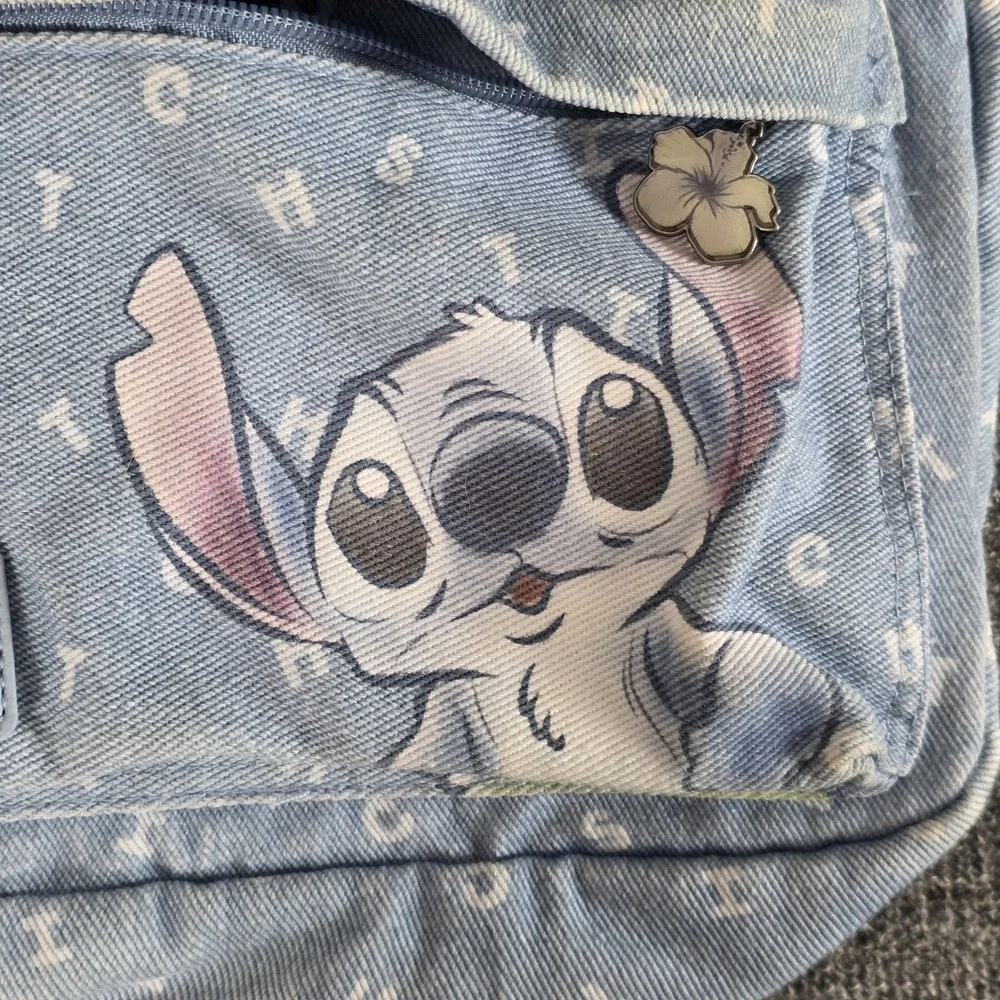 Disney Loungefly Stitch Light Wash Denim Mini Backpack Blue White Letter Print